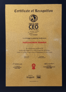 Our Director Mr. Paresh Babaria won India 500 CEO Awards 2019 for quality Excellence India s Biggest Business Awards
